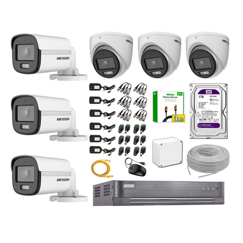Kit de 6 Cámaras Hikvision Full Hd Noche Color Vu Audio Incorporado HDMI 3M Disco 1TB WD
