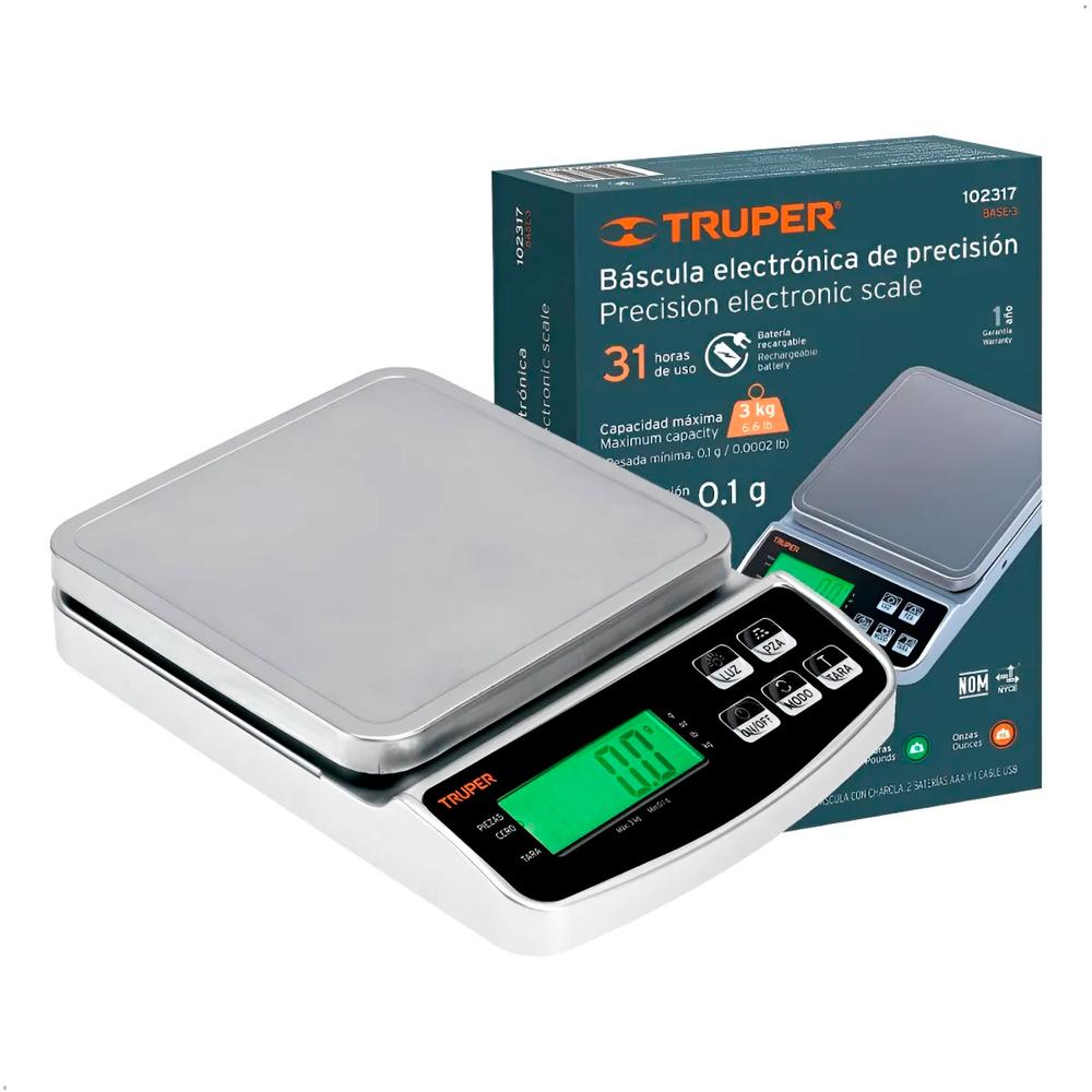 Balanza Truper Base-3 Digital Precisión 5g-3kg Recargable