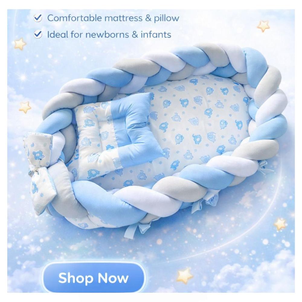 Nido Colecho Trenzado Para Bebés Con Almohada celeste