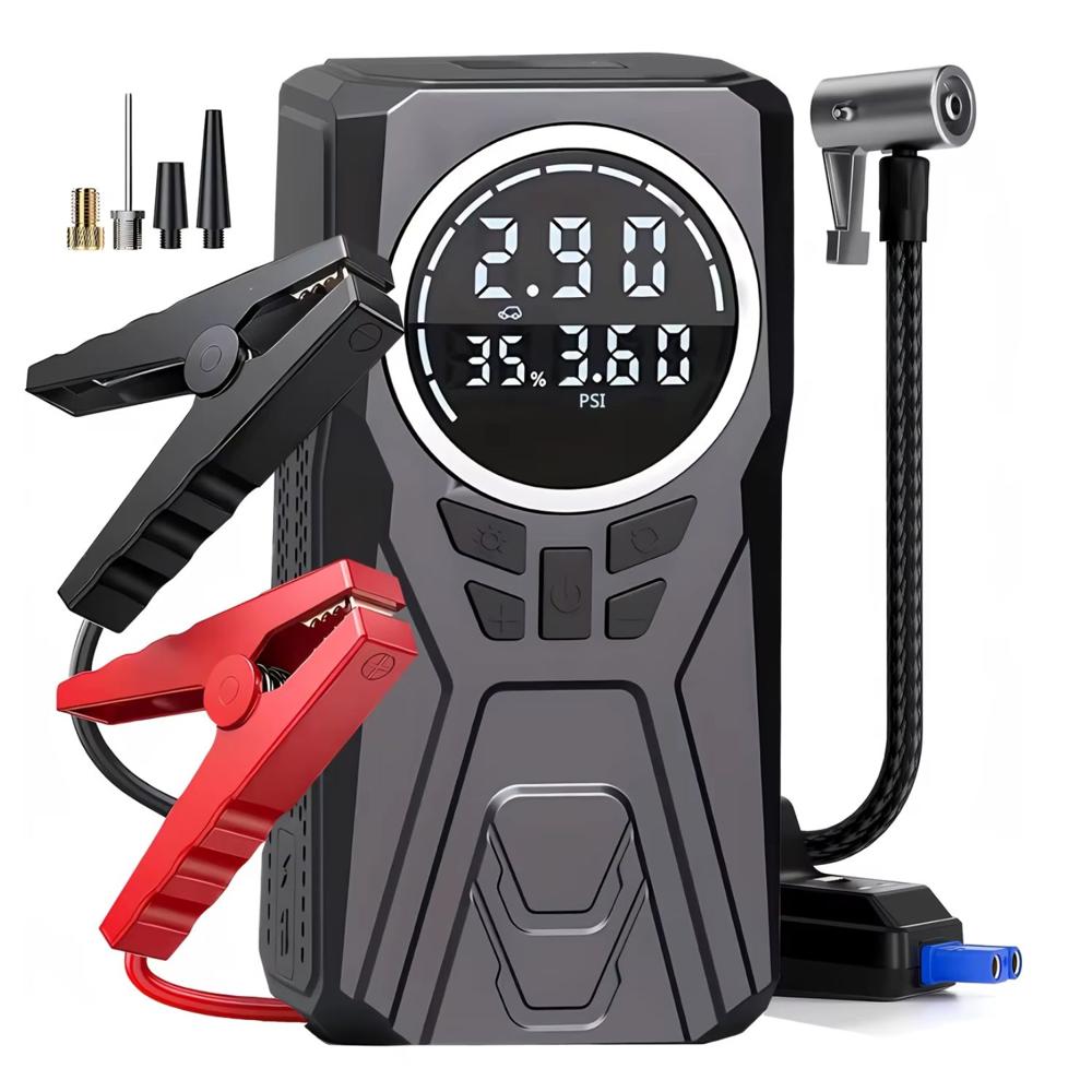 Arrancador de Auto con Compresor de Aire 150 PSI Inflador Portátil Linterna LED y Power Bank