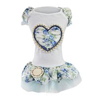 VESTIDO BLANCO ELEGANTE PARA PERRO MASCOTA CON TUL TIPO TUTU Y FLORES AZULES - TALLA S