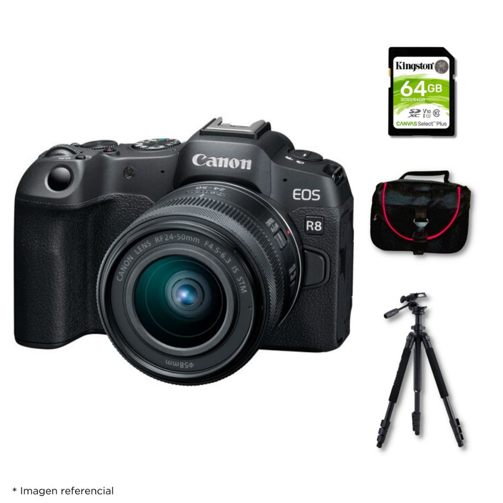 Cámara Canon EOS R8 y Lente RF 24-50mm f4.5-6.3 IS STM y Kit Deluxe