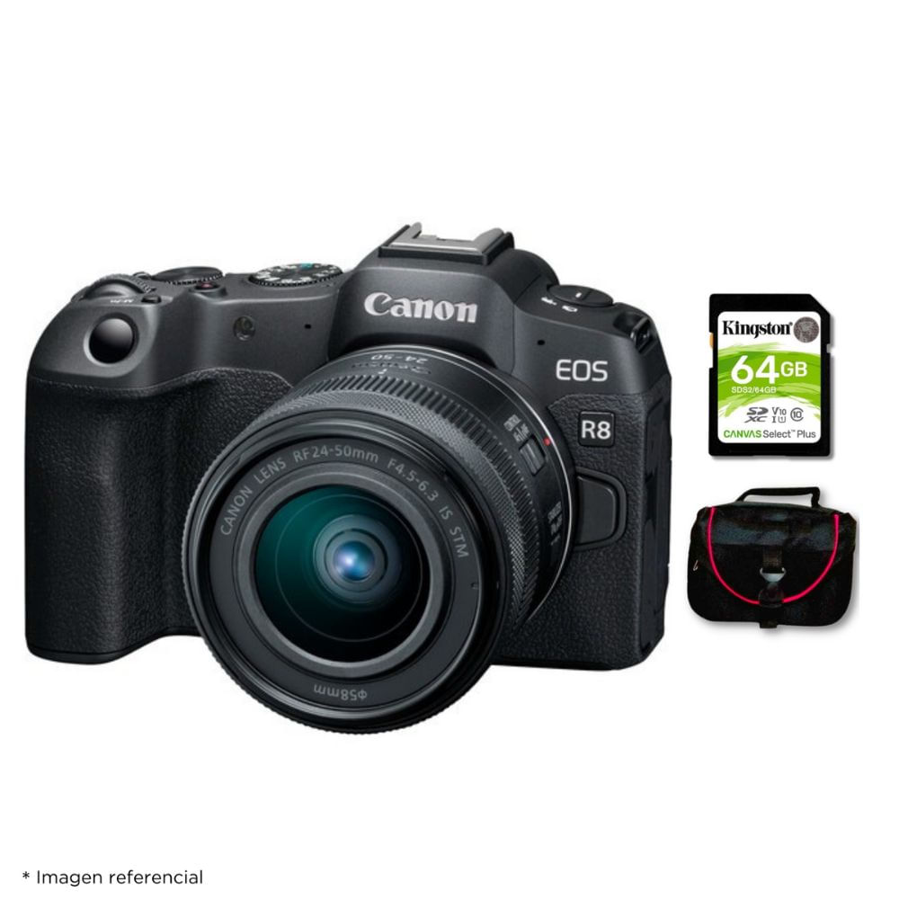 Cámara Canon EOS R8 y Lente RF 24-50mm f4.5-6.3 IS STM y Kit Básico