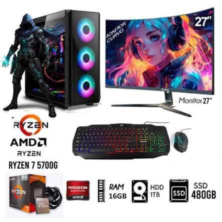 Computadora PC GAMER RYZEN 7-5700G  Ram 16GB  Disco HDD 1TB  SSD 480GB  Monitor 27FHD