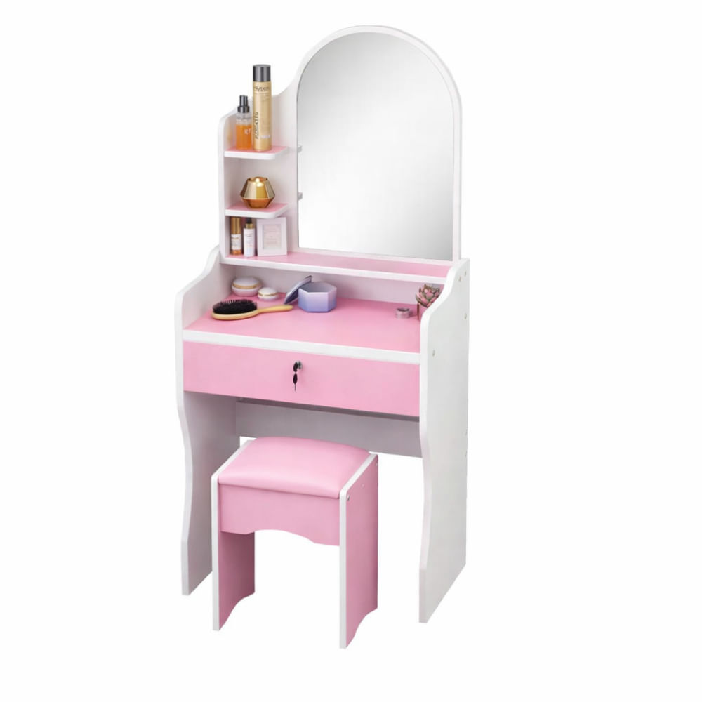 Tocador Maquillaje Rosa Espejo Con Taburete Para Dormitorio 190338-F
