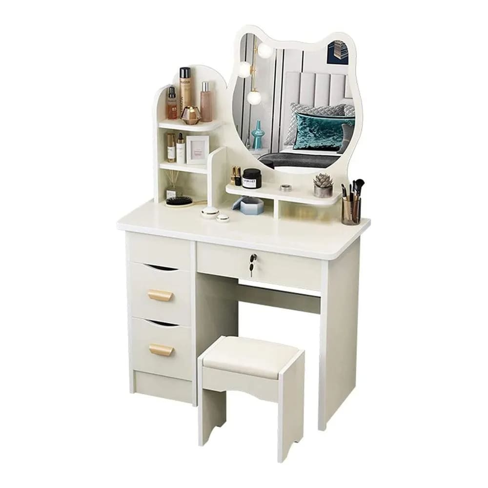 Tocador Maquillaje Blanco Espejo Gato Con Taburete Para Dormitorio 190340