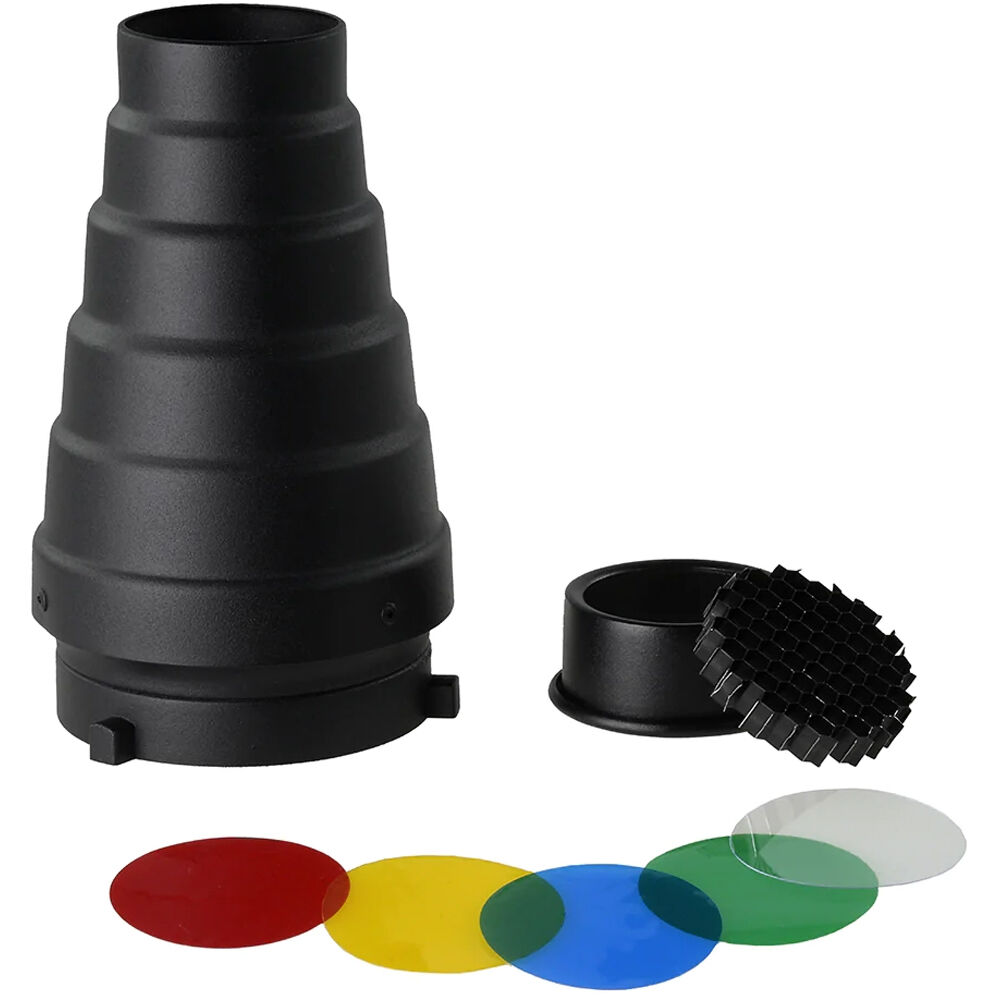 FotodioX Snoot con Rejilla y Filtros para Montura Bowens - Compatible con Estrobos Bowens, Concentra