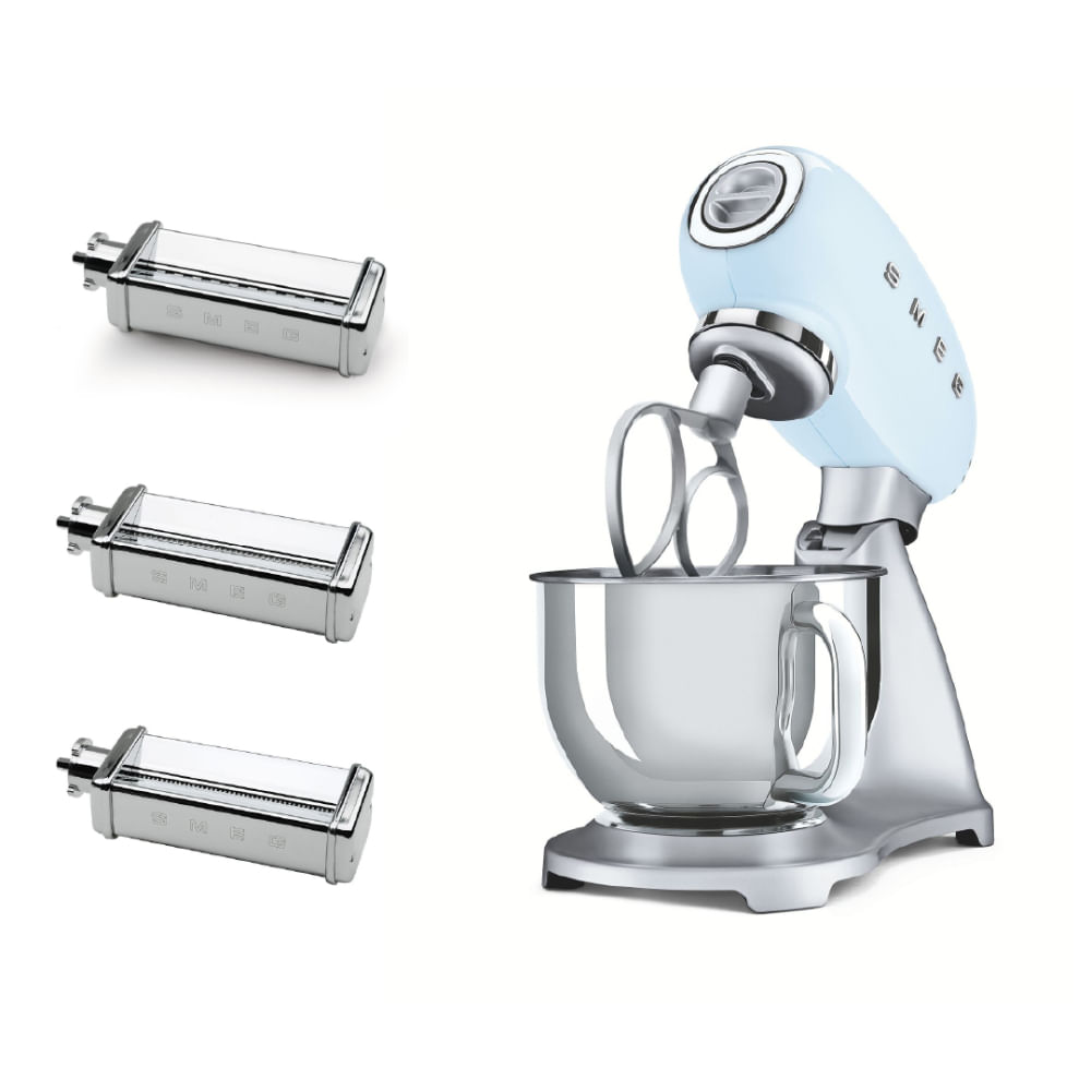 Combo Smeg Batidora de pedestal Con Cortador de Fettuccine Spaguetti Tagliollini Color Azul Pastel