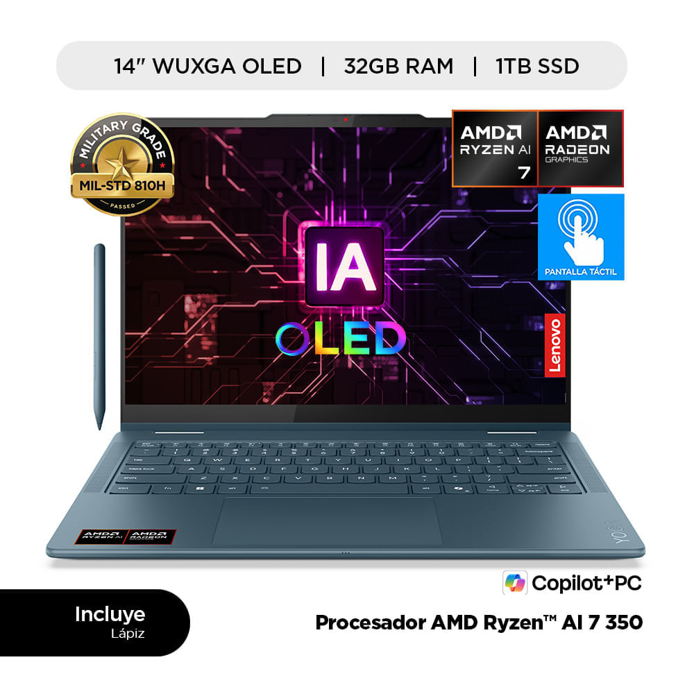 Laptop IA Lenovo Yoga 7 2 en 1 AMD Ryzen AI 7 350 32GB RAM 1TB SSD 14"" WUXGA Oled Touch
