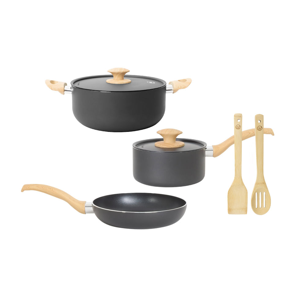 Juego de Ollas 7 Piezas Reciclado Negro + 2 Utensilios De Bambu