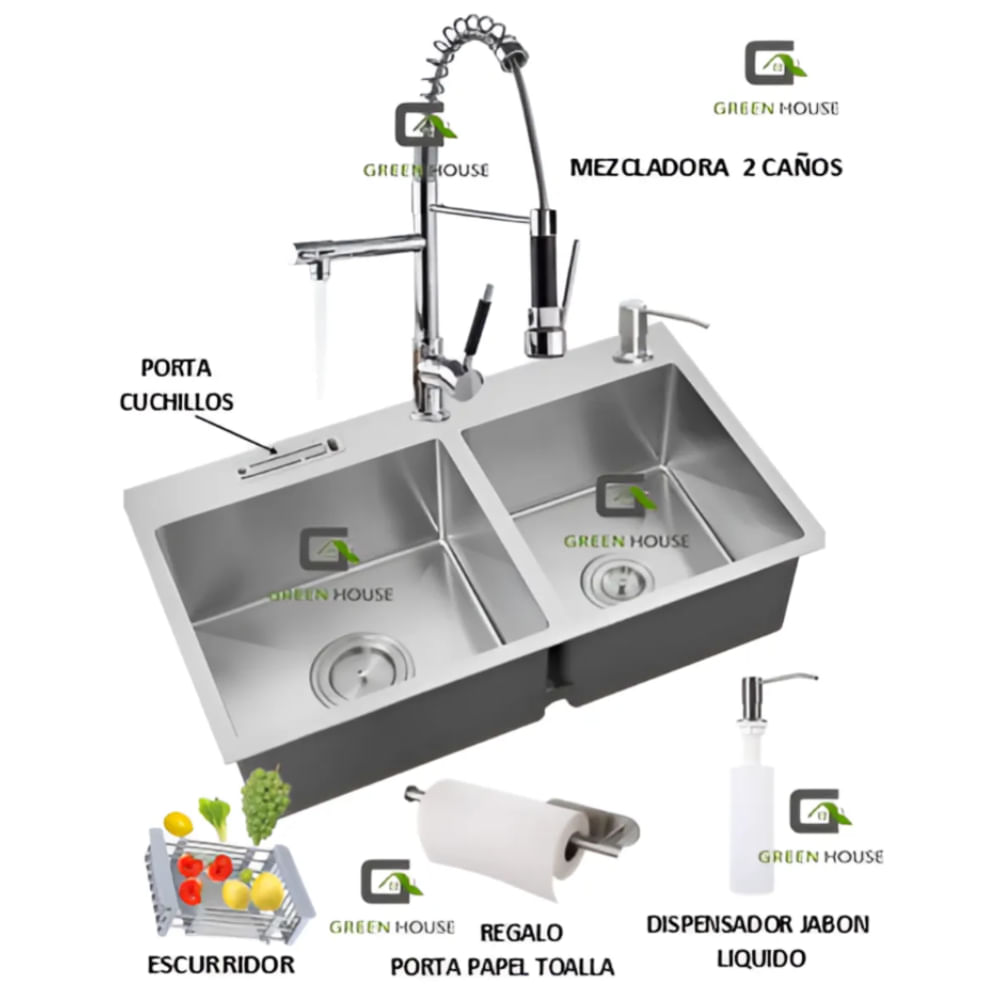 COMBO LAVADERO DE COCINA 2 POZAS MEZCLADORA 2 CAÑOS CROMADO