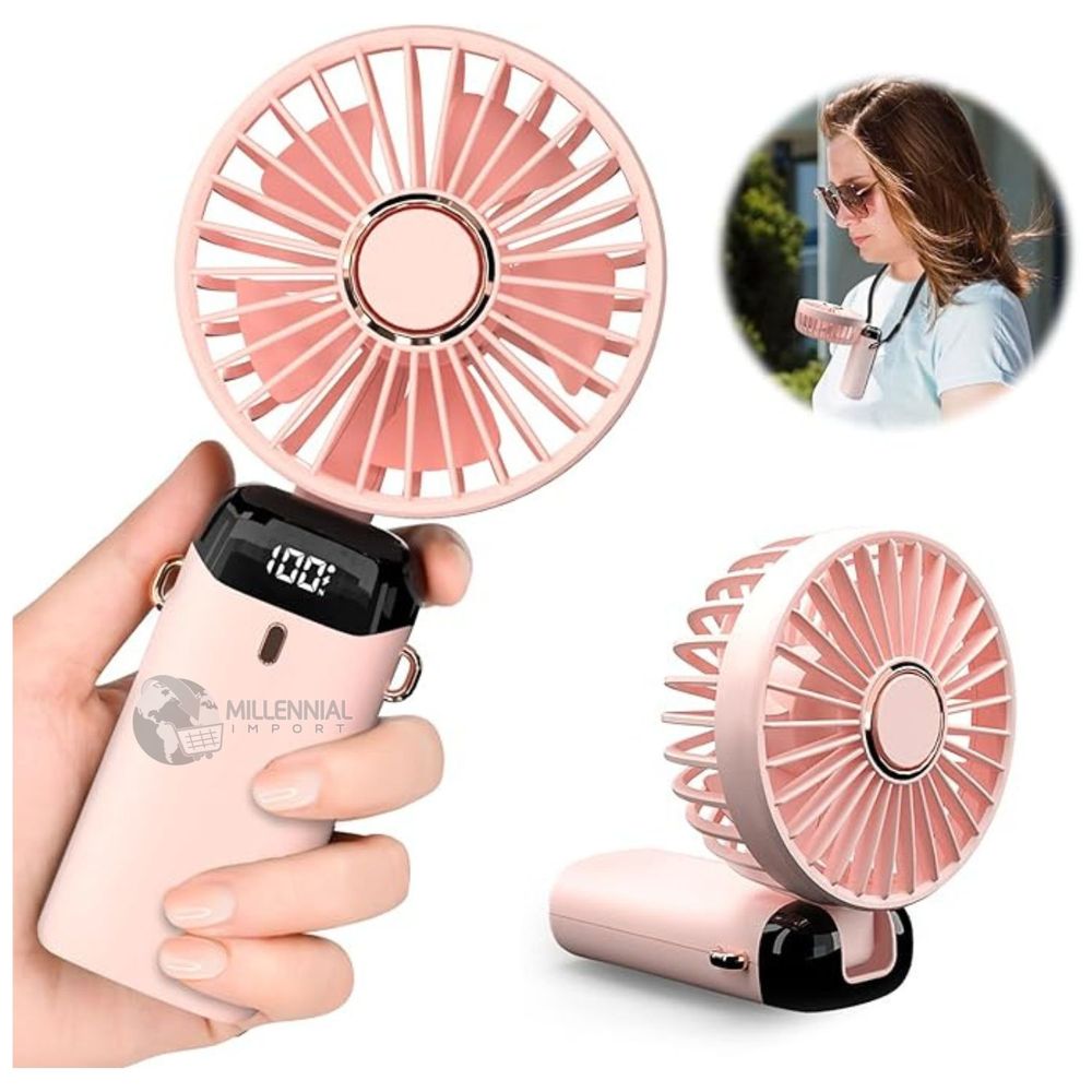 Mini Ventilador De Mano con Pantalla Digital Recargable Con USB Con Base Rosado Mini Ventilador De Mano con Pantalla Digital Recargable Con USB Con Base Rosado