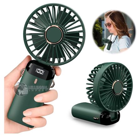 Ventilador Portátil De Mano Recargable De 5 Velocidades Con Base y Pantalla Digital Verde