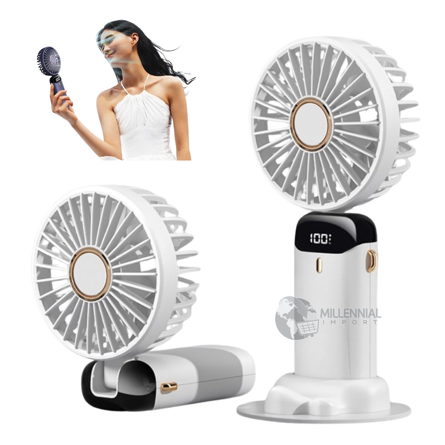 Ventilador Portátil de 5 Velocidades con Base para Celular y Pantalla Digital Blanco