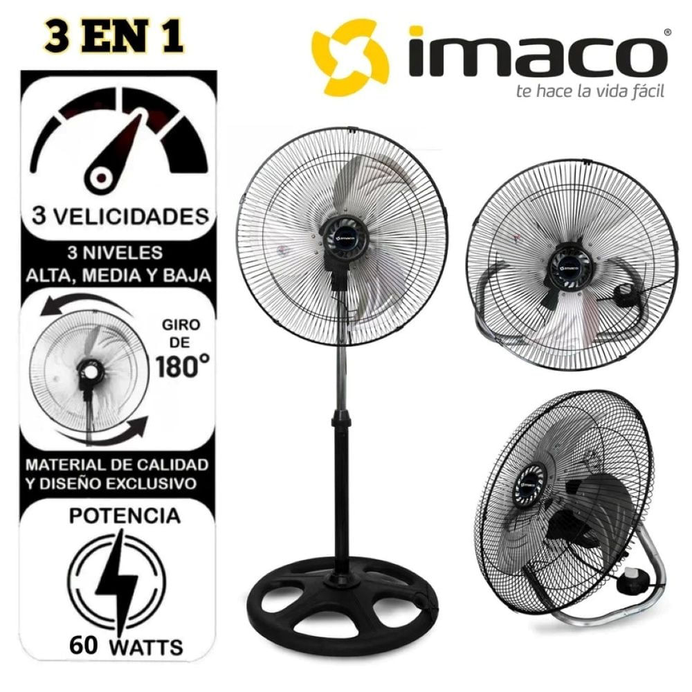 Ventilador 20 Pulgadas FSM2060 Imaco 3 en 1 Pedestal Mesa y Pared 60W Negro