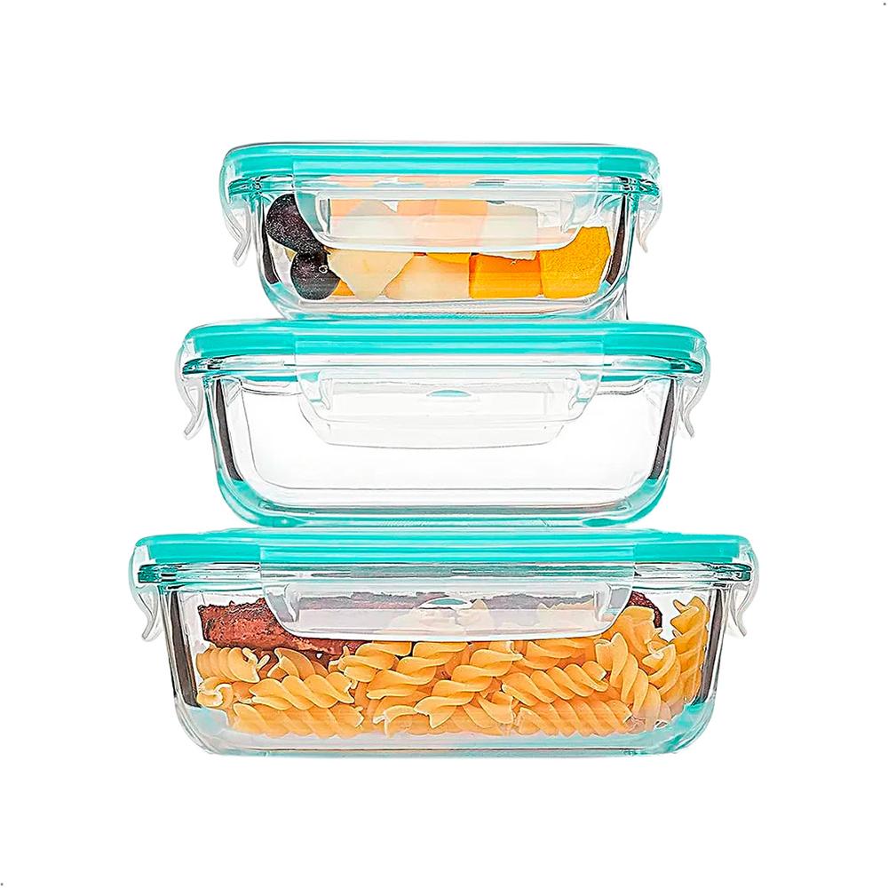 Set Táperes 3 En 1 De Vidrio Con Tapa Plástica Hermética Vidrio 1040ml