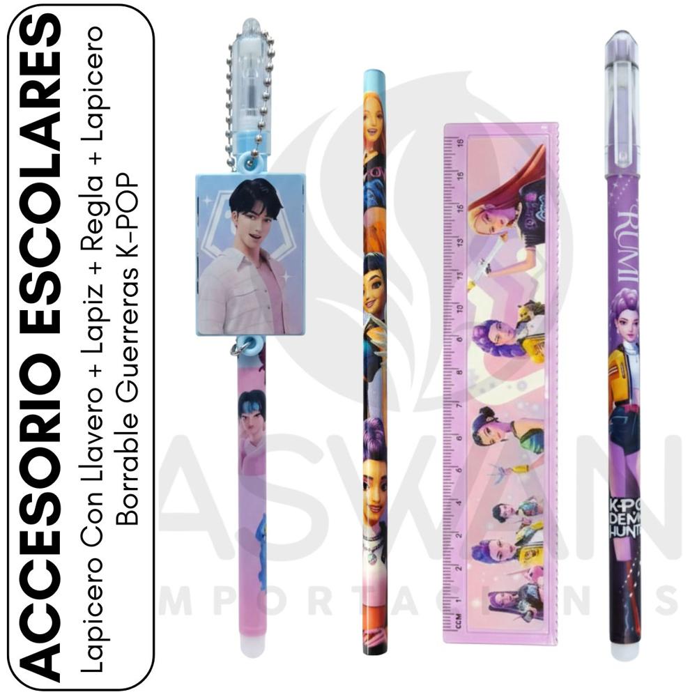 Lapicero Con Llavero + Lapiz + Regla + Lapicero Borrable Guerreras K-POP