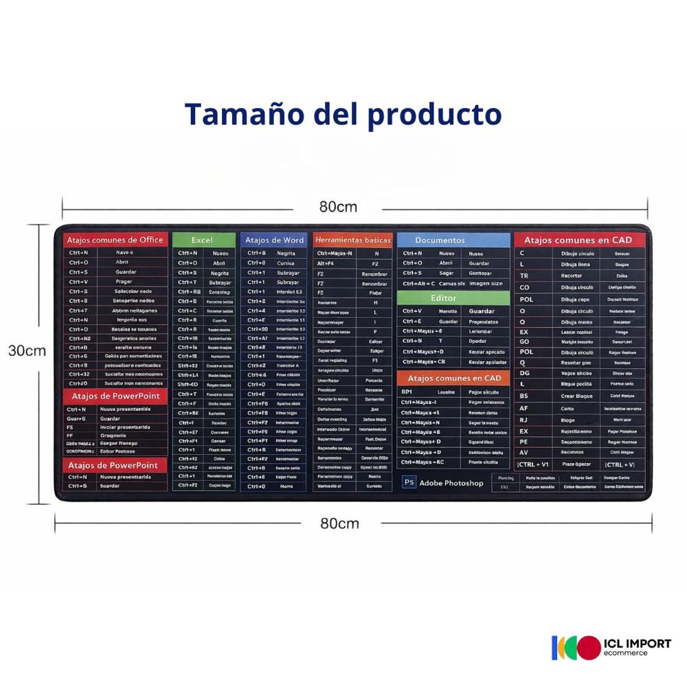 PAD MOUSE EXTRA GRANDE ANTIDESLIZANTE DE 80 X 30 CM CON ATAJOS DE EXEL WORD POWER POINT