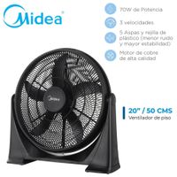 Potente Ventilador Piso 20 Pulg Midea 70 Watts Negro