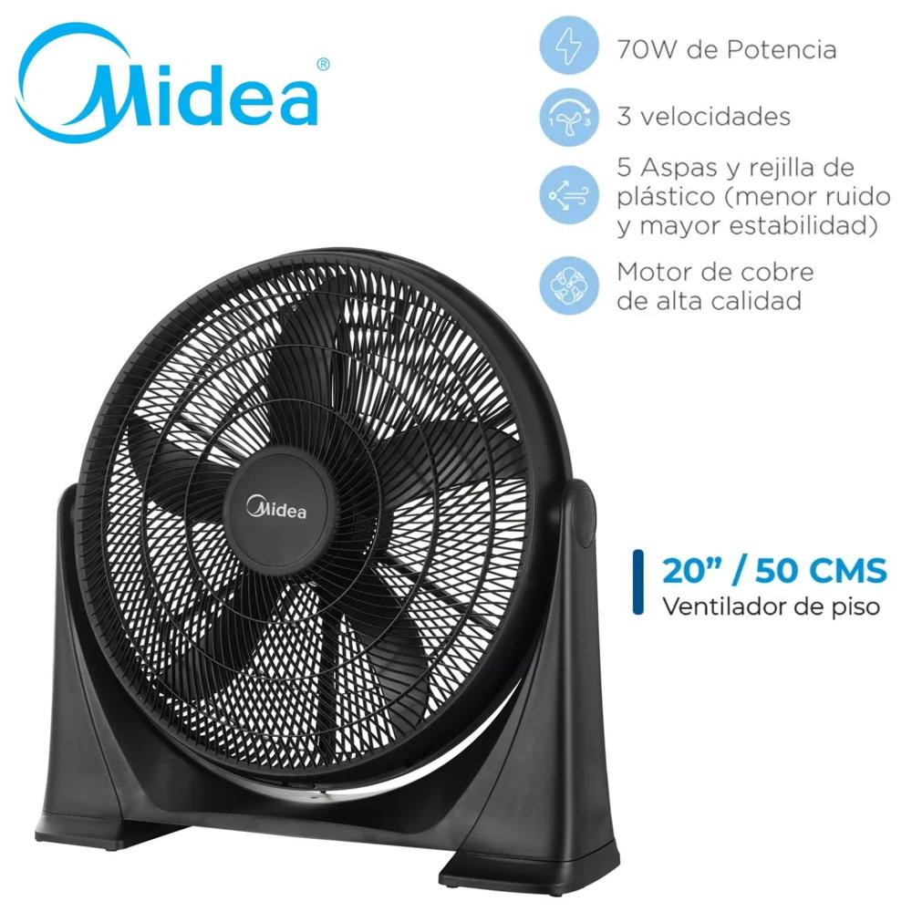 Potente Ventilador Piso 20 Pulg Midea 70 Watts Negro