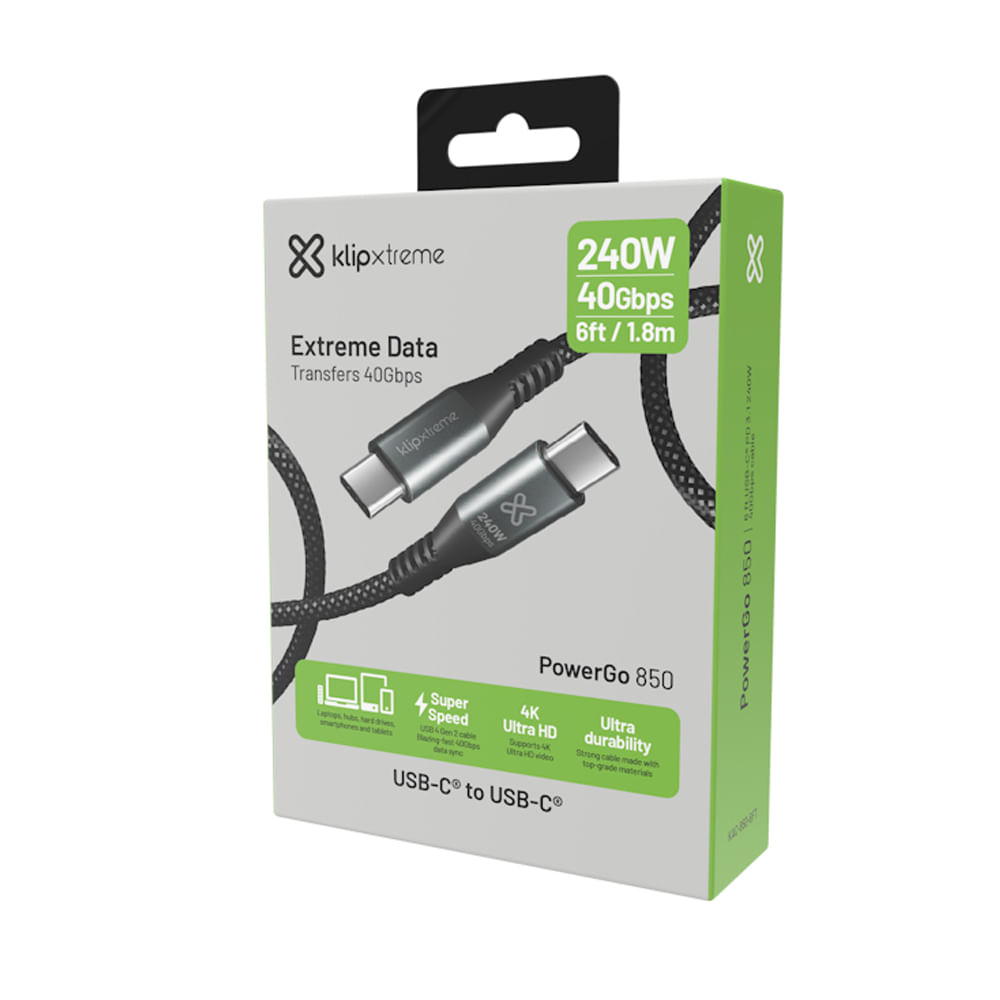 Cable USB Klip Xtreme 24 pin USB-C 1.8 m 240W 40Gbps trenzado Black