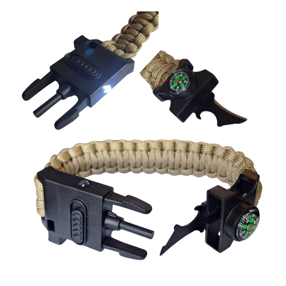 Pulsera Tactica Paracord Camping y Supervivencia Con  Silbato Mechero Brujula y Linterna Coyote