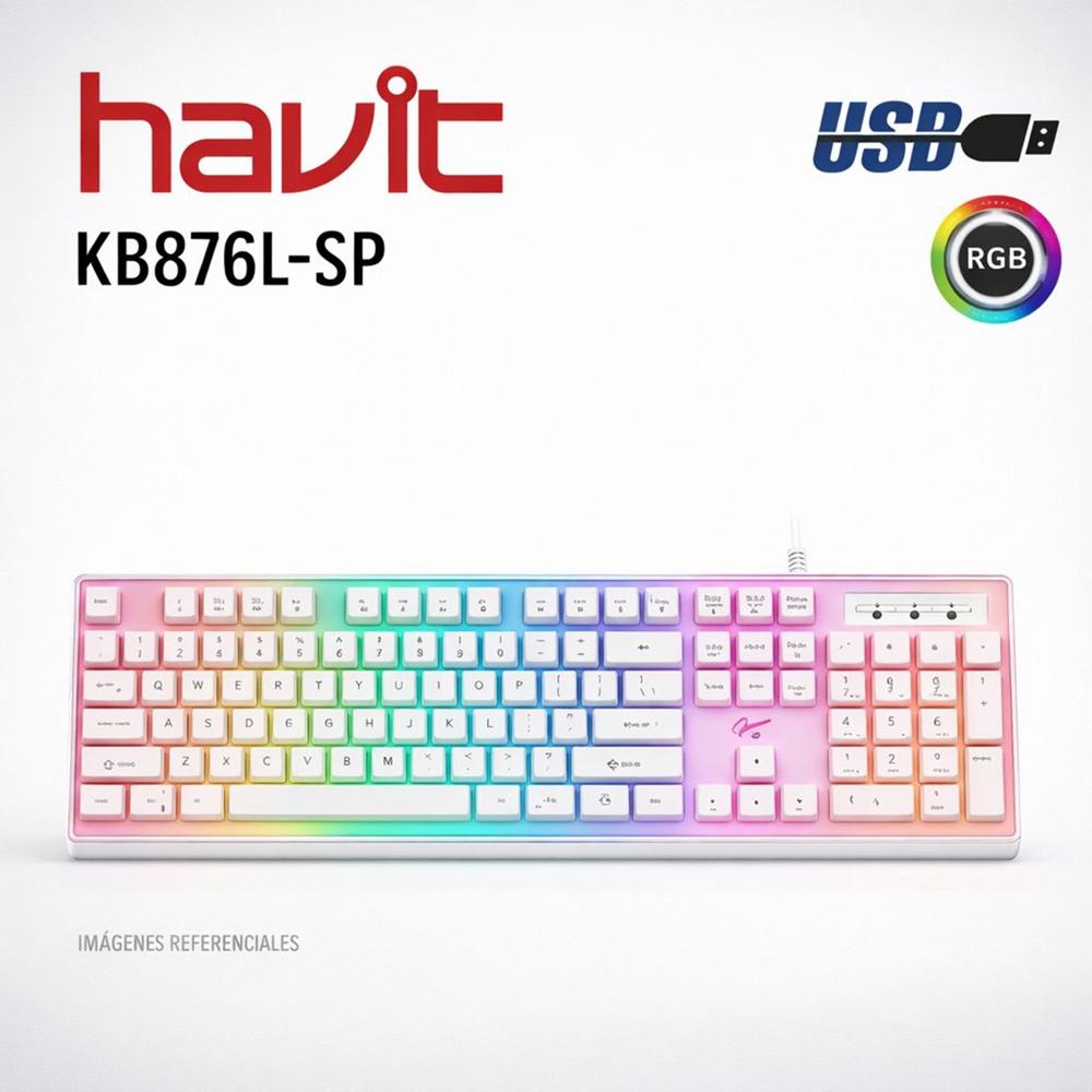 Teclado Gamer HAVIT KB876LSP RGB Blanco Membrana Anti Ghosting Iluminación Multicolor