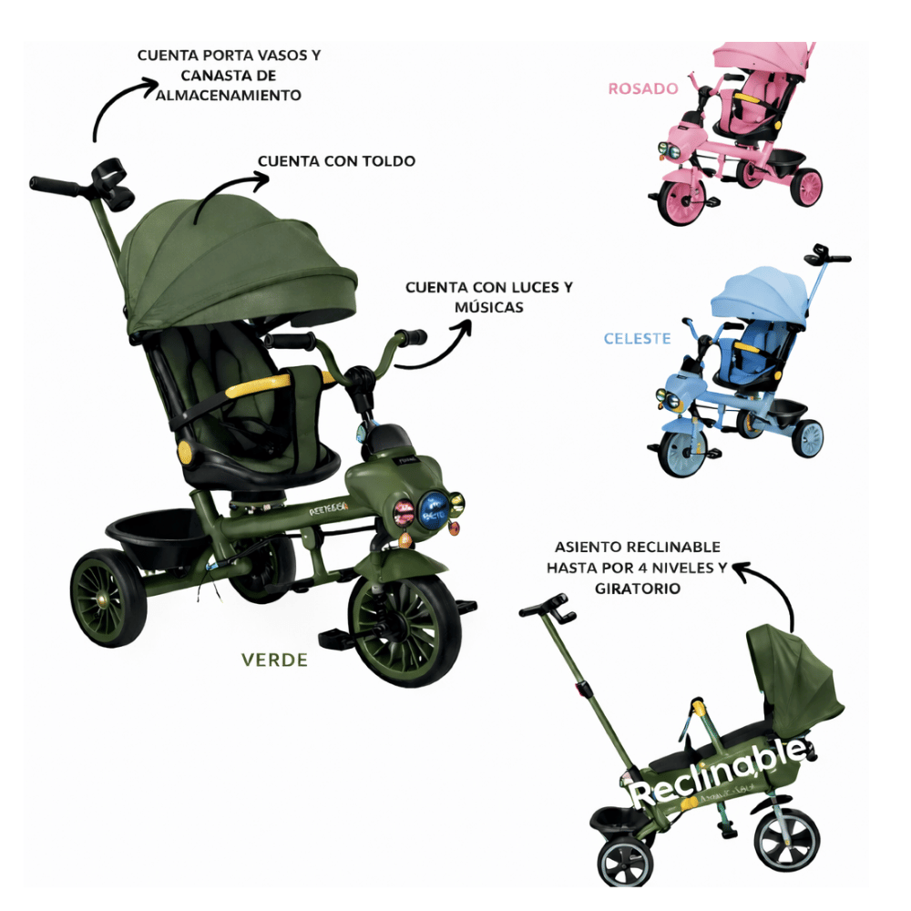 Triciclo infantil 2 en 1 verde con toldo luces sonido y asiento giratorio reclinable