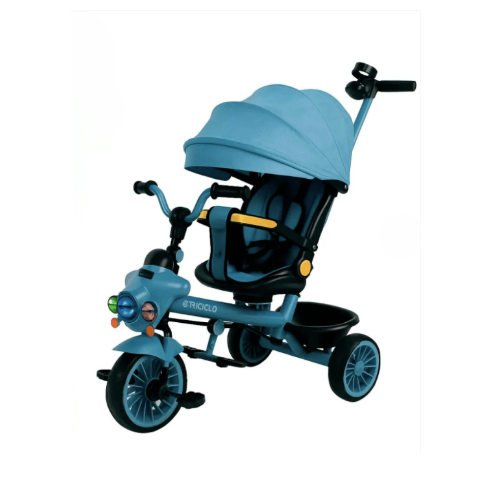 Triciclo infantil 2 en 1 azul con toldo luces sonido y asiento giratorio reclinable