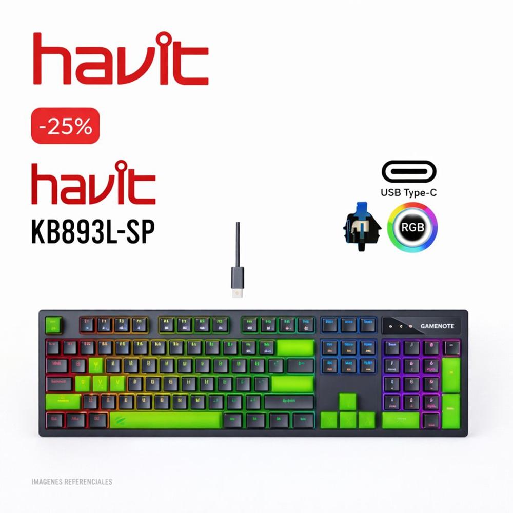 Teclado Gamer Mecánico HAVITKB893L SP RGB USB Switch Lineal Azul Negro con Verde