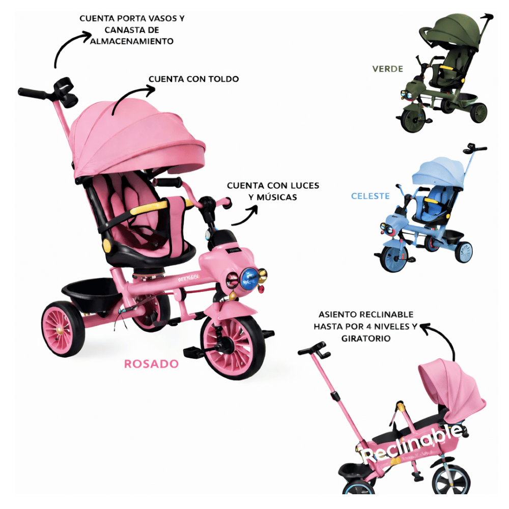 Triciclo infantil 2 en 1 rosado con toldo luces sonido y asiento giratorio reclinable