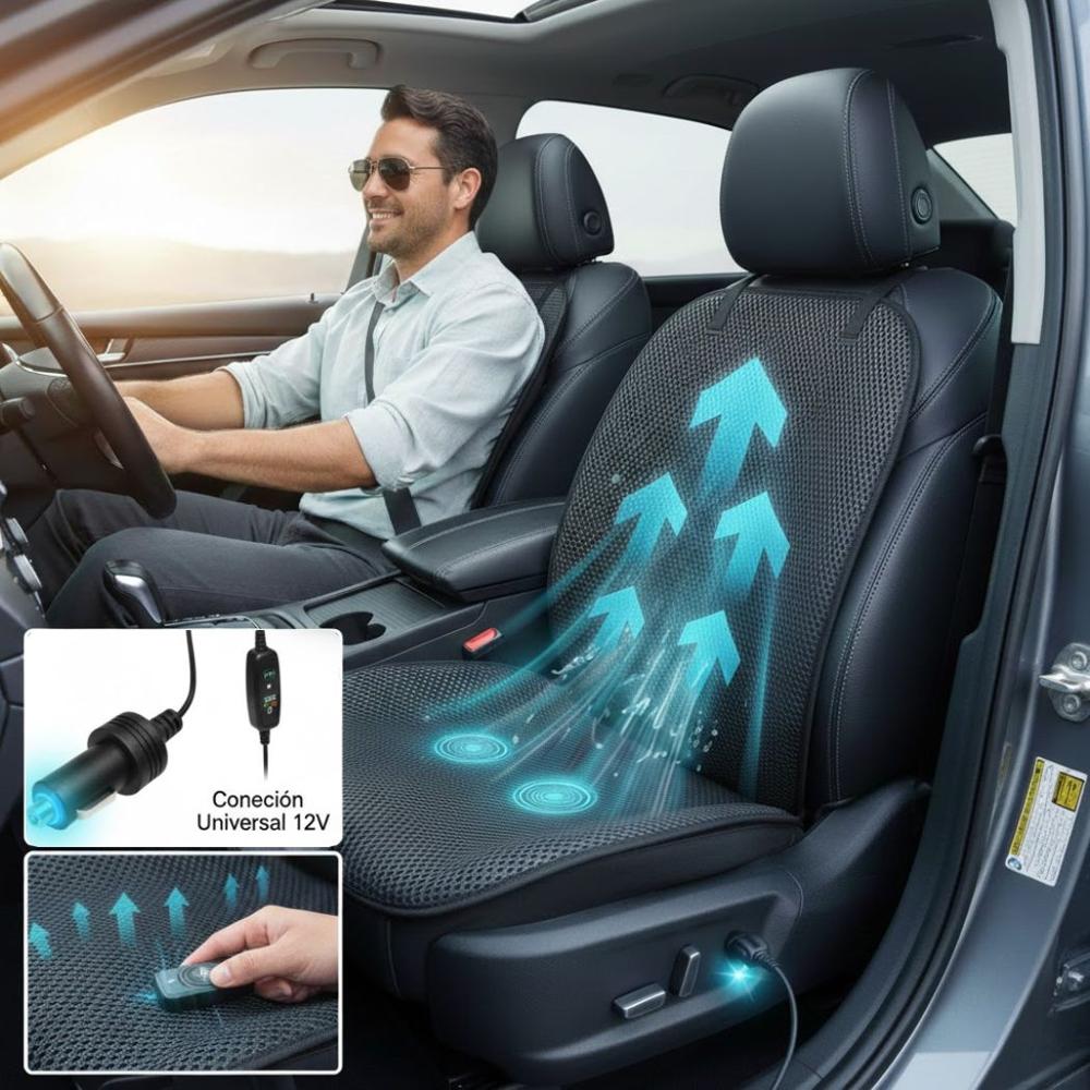 Cojín Ventilado para Asiento de Auto con Conexión al encendedor Malla Transpirable Premium