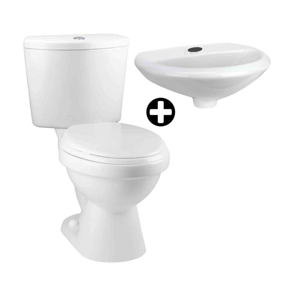 COMBO Trebol: Inodoro 2 Piezas Premium Vitrificado Blanco Brillante + Lavatorio Loza Vitrificado Eco Brillante Blanco 43 cm