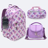 Kit Escolar Kengar - Mochila Oficio Lonchera y Cartuchera Lila Corazón