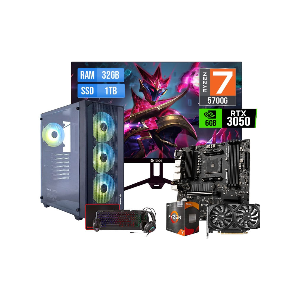 PC Gamer Ryzen 7 5700G 16GB RAM SSD NVMe 1TB RTX 3050 6GB Monitor 23.8 120Hz Kit Gamer