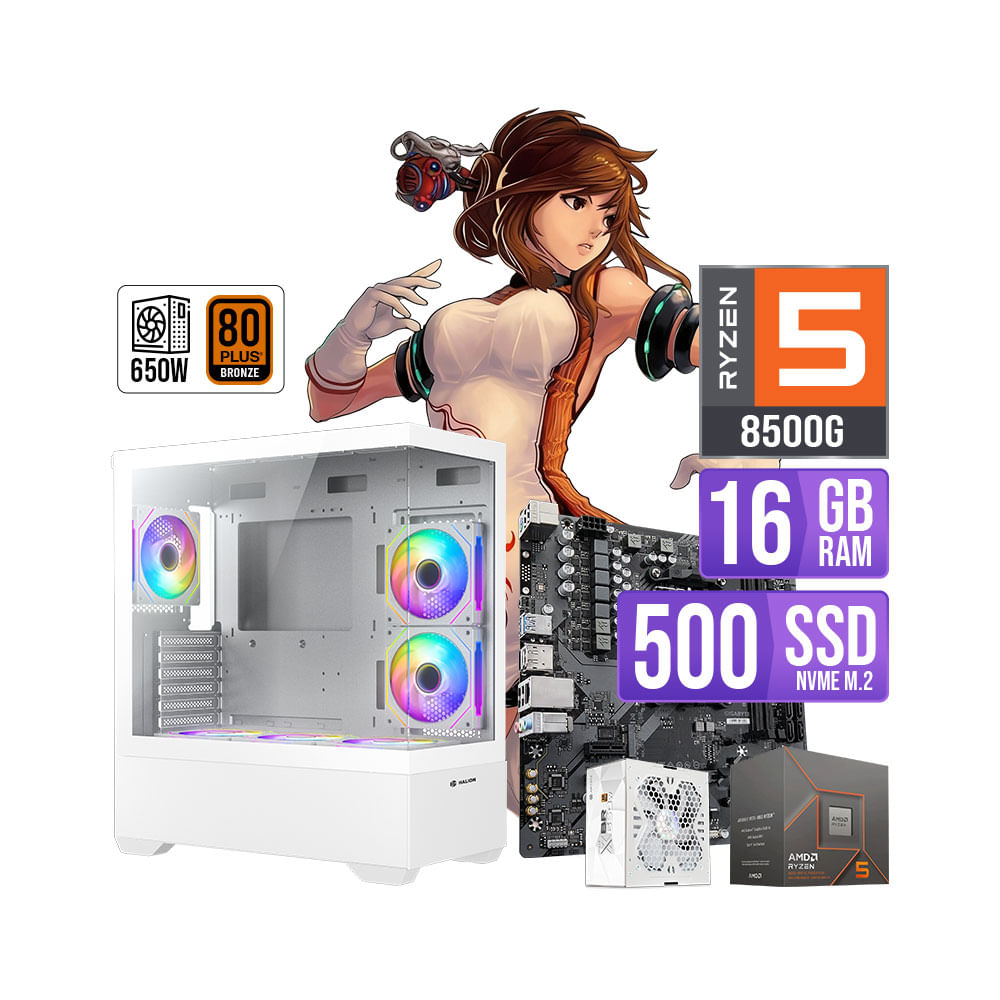 PC GAMER Ryzen 5 8500G 16GB DDR5 SSD 500GB Gráficos Radeon Case Blanco ARGB