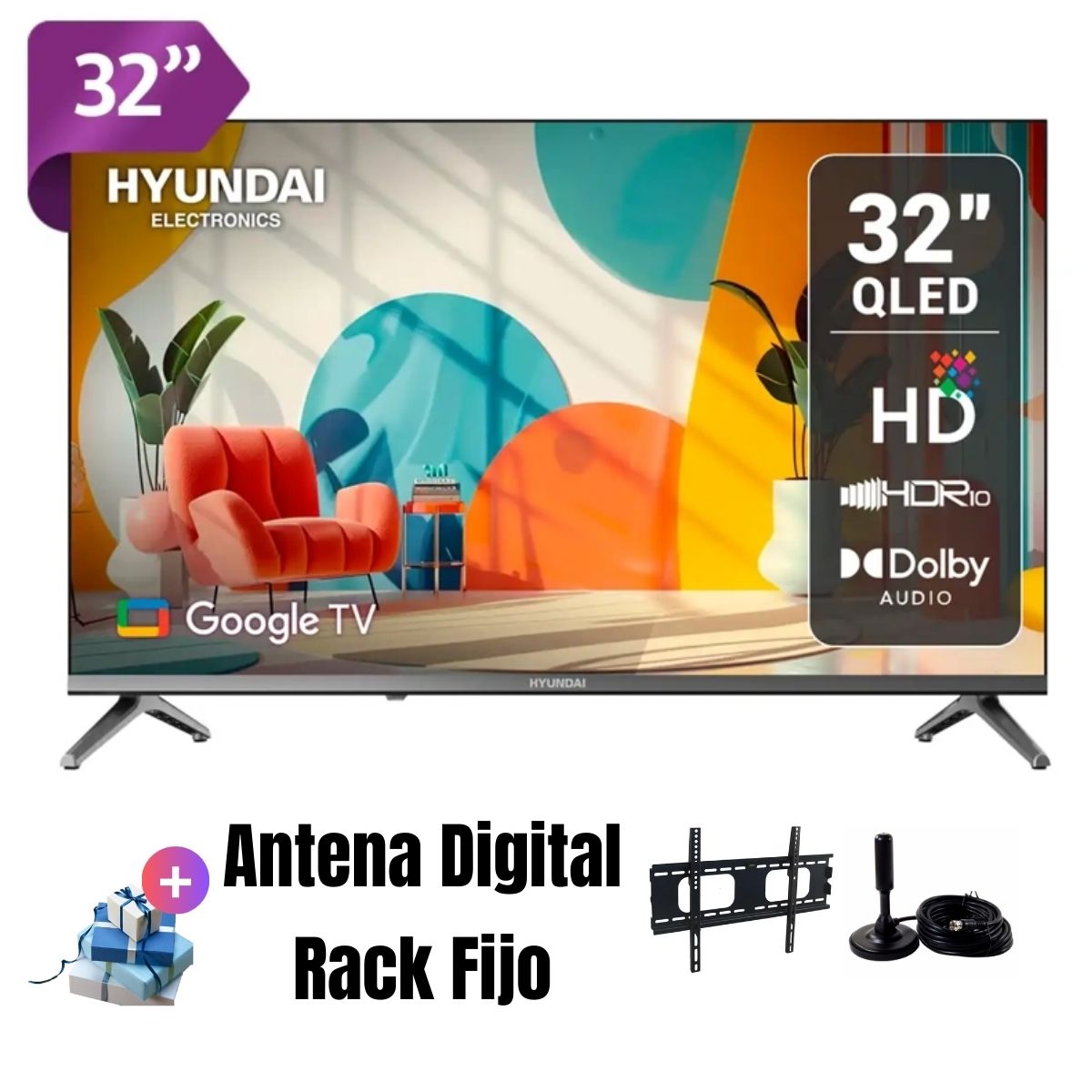 Televisor Hyundai QLED 32'' HD HYLED3259QG 2025 - Ant - Rack Fijo