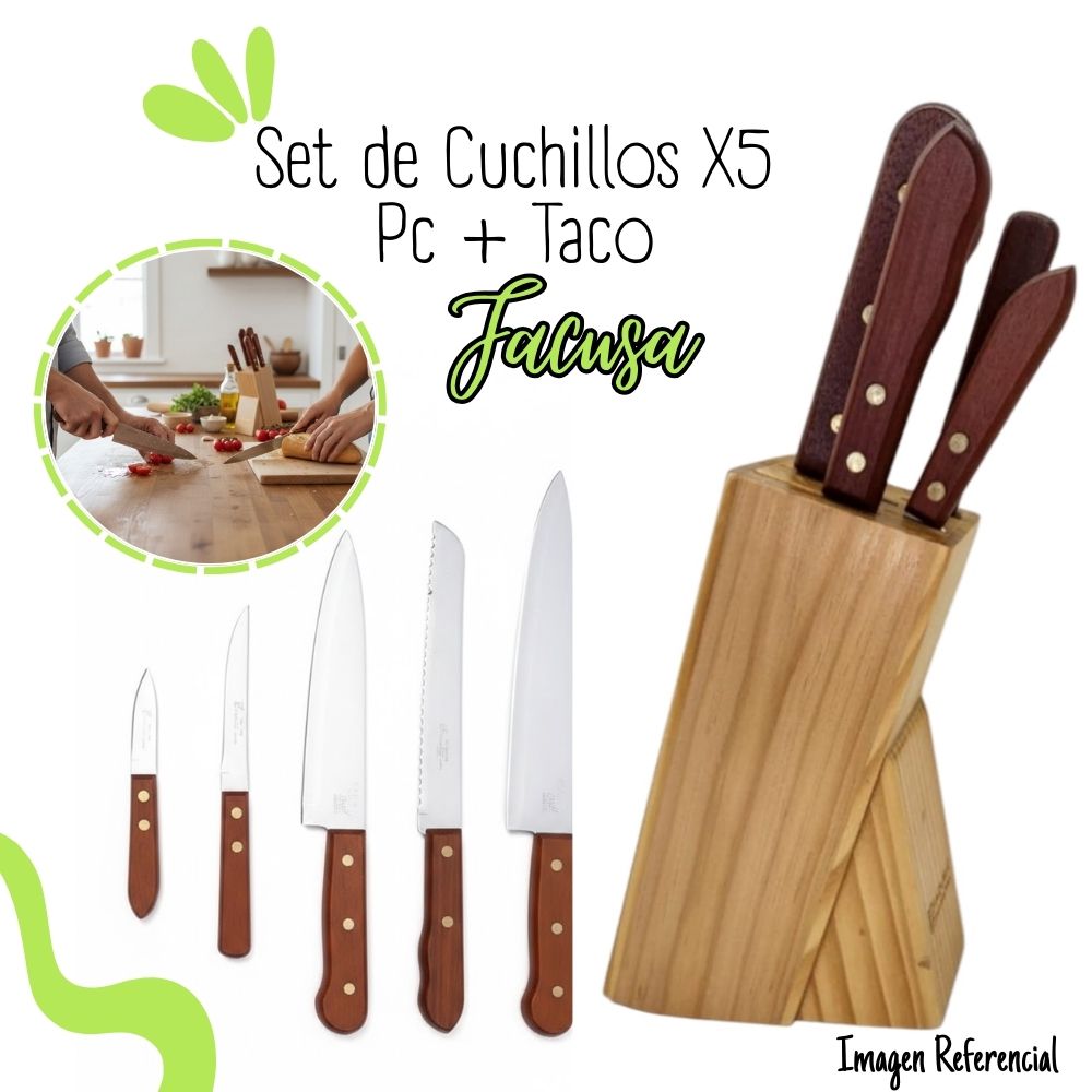 Set de Cuchillos X5Piezas con asa de madera mas Taco