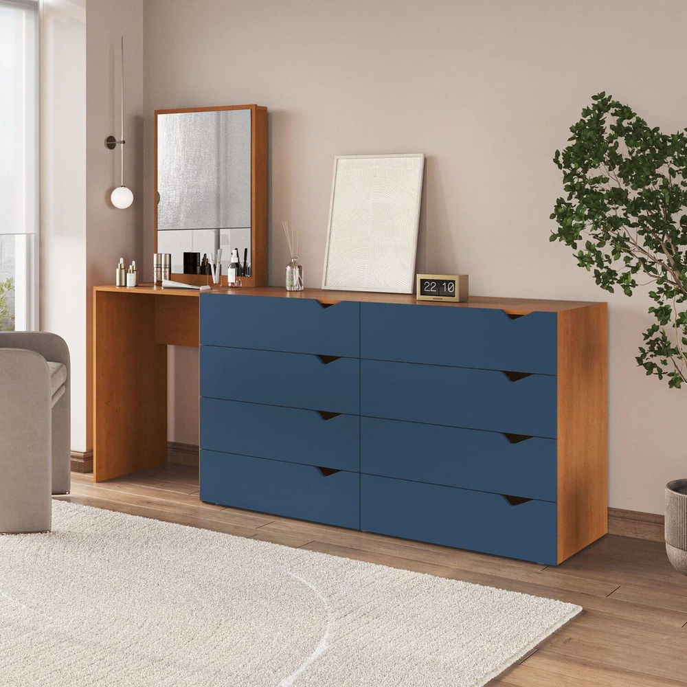 Cómoda con Tocador Moderno Maple 8 Cajones Marrón con Azul RR MUEBLES