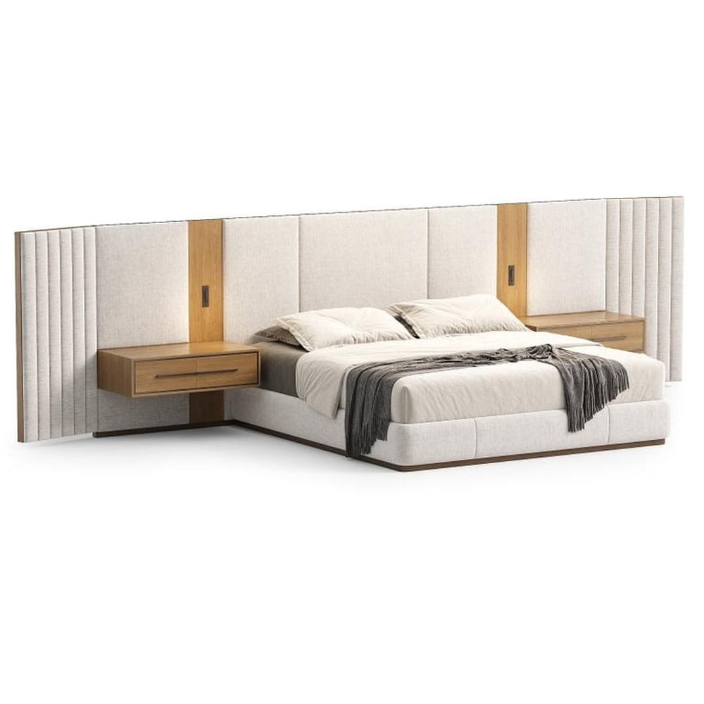 Cama Tapizada Antu y 2 Veladores - Beige y Marrón