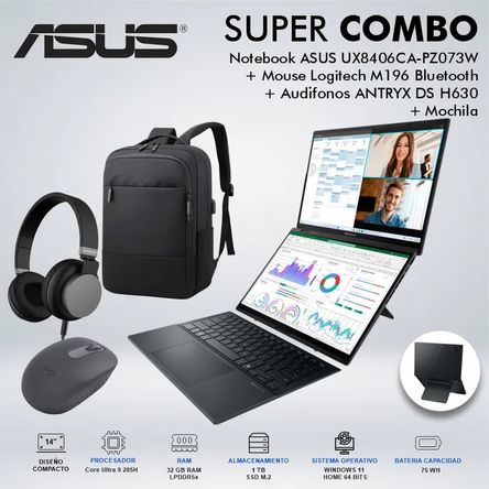 LAPTOP ASUS UX8406CA-PZ073W CORE ULTRA 9 285H MEMORIA 32GB DISCO 1TB 90NB14X1M007Y0CDSPE LAPTOP ASUS UX8406CA-PZ073W CORE ULTRA 9 285H MEMORIA 32GB DISCO 1TB 90NB14X1M007Y0CDSPE
