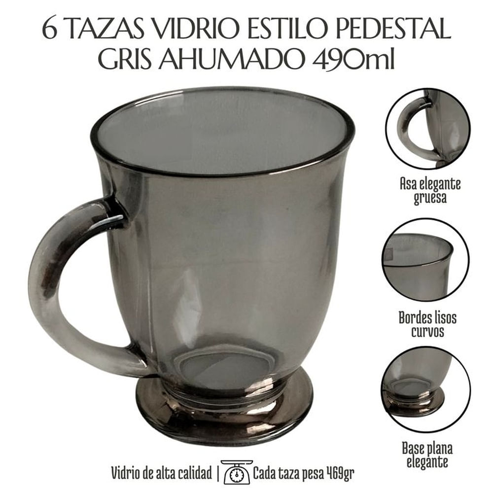 6 Tazas Vidrio Templado Gris Ahumado Translúcido Estilo Moderno 490ml