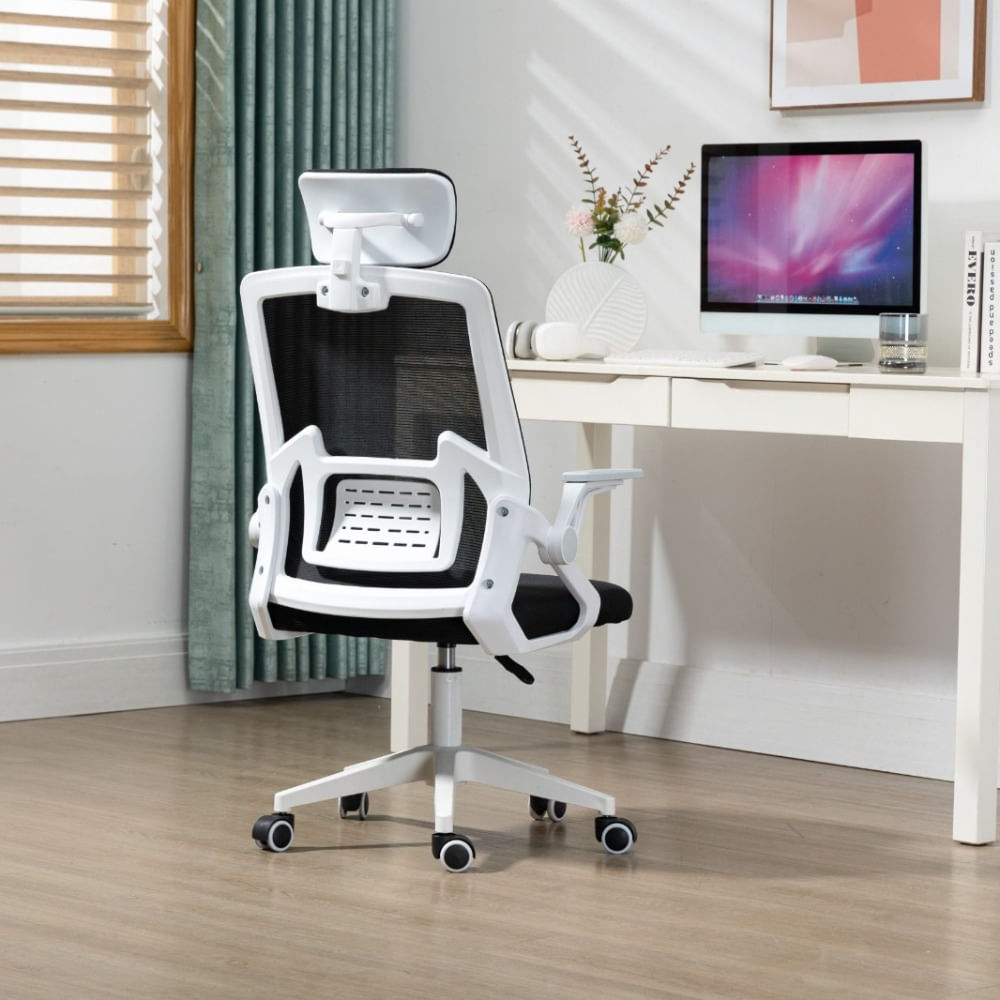 Silla Ergonómica de Oficina con Cabecera y Respaldo Regulables Blanco Negro