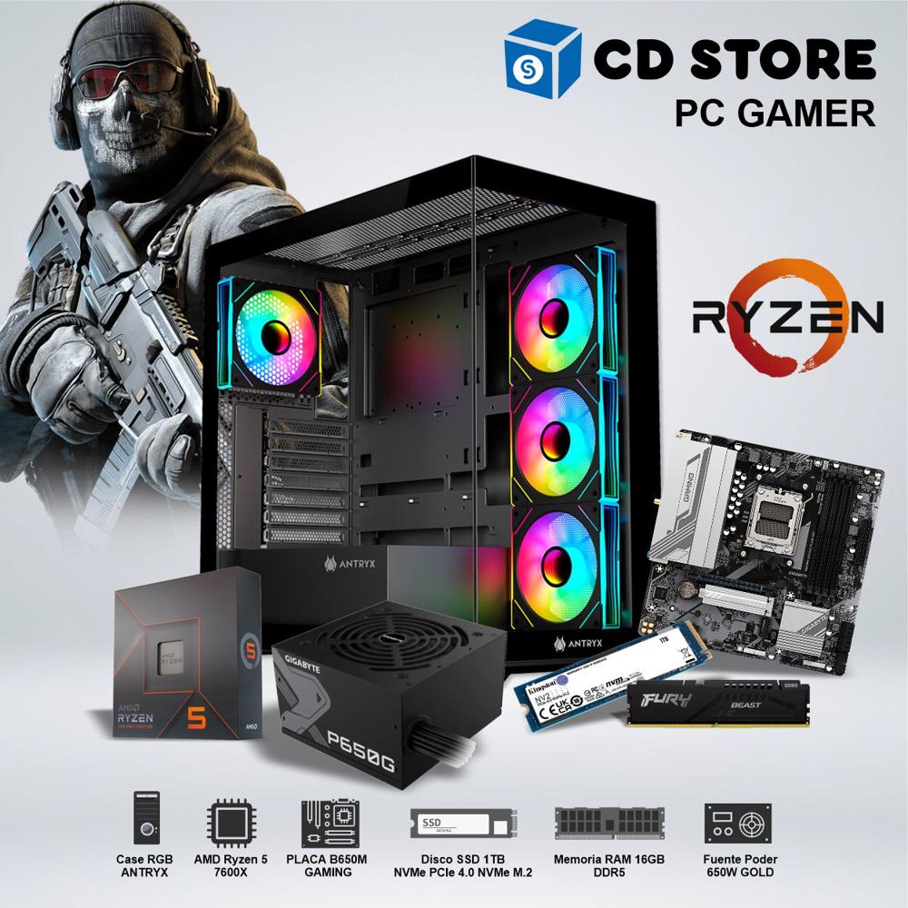 PC Gamer RYZEN 5 7600X RAM 16GB SSD 1TB CASE RGB FUENTE GOLD 650W