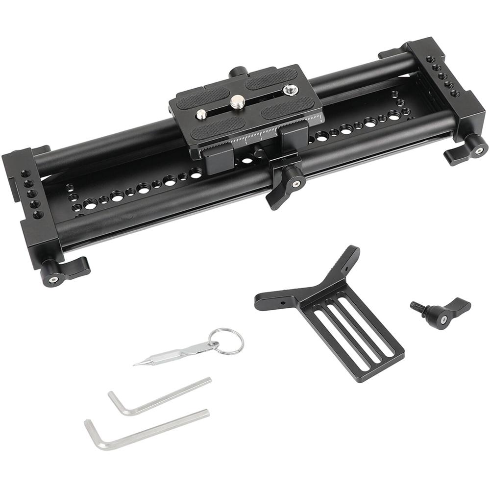 Soporte Deslizante CAMVATE de 15mm con Placa QR Estilo Manfrotto y Soporte para Lentes - Ideal para