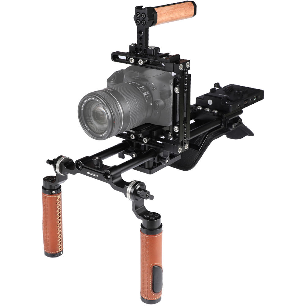 CAMVATE Pro Shoulder Rig con Media Jaula Ajustable, Empuñaduras de Cuero y Divisor V-Mount