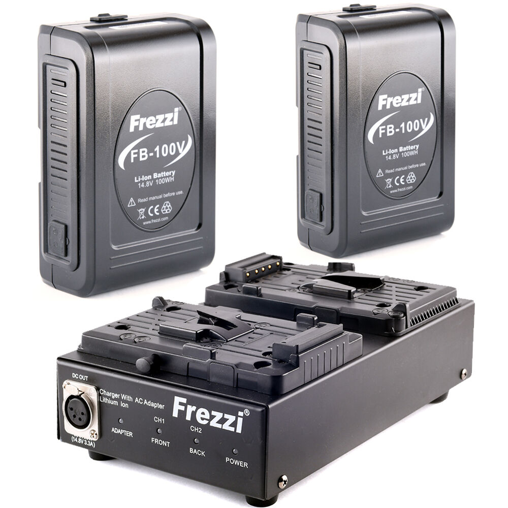 Baterías Frezzi 2 x 100Wh FB-100V y Kit de Cargador Doble (Montaje en V) - Cuerpo Resistente, Carga