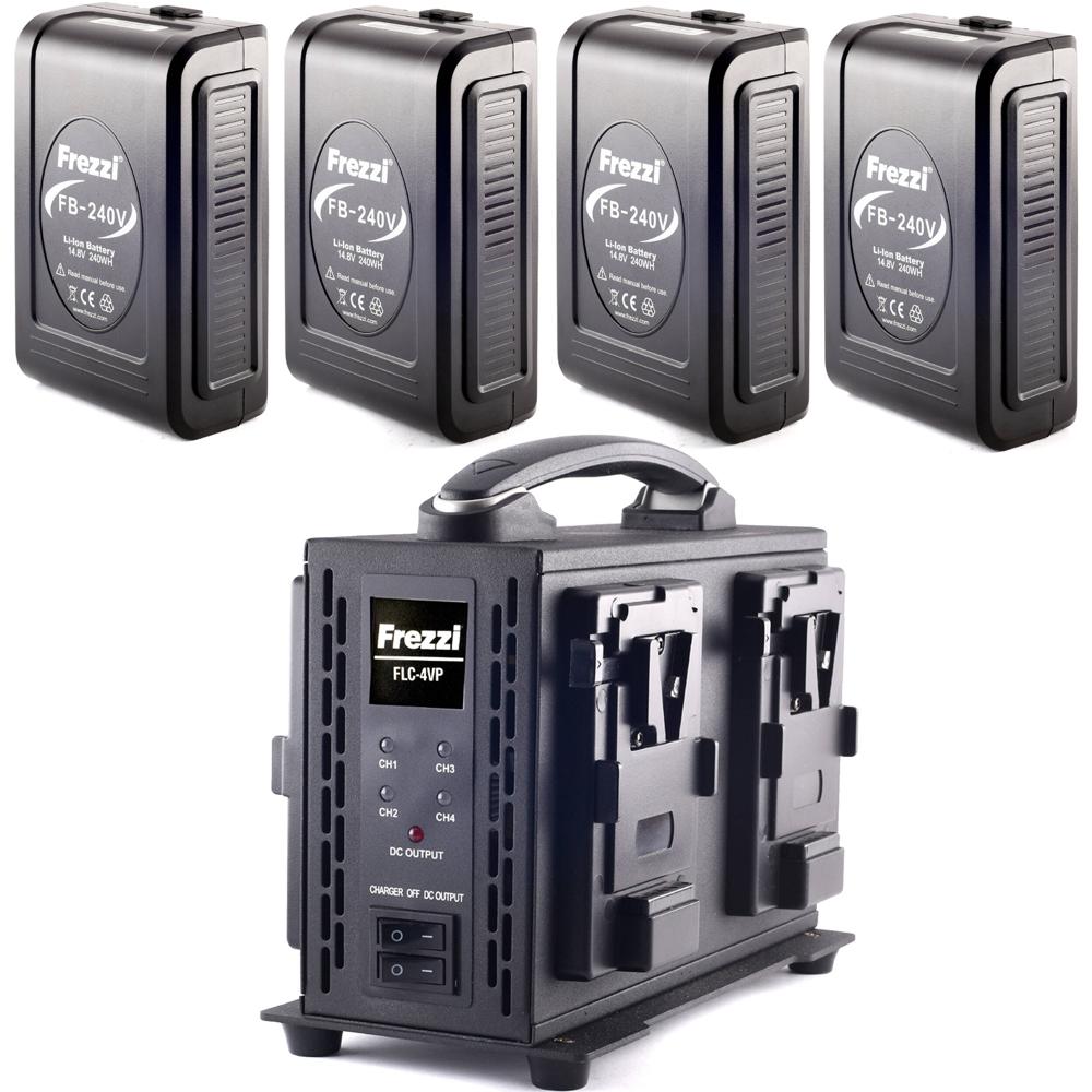 Baterías Frezzi FB-240V de 240Wh y Kit de Cargador Cuádruple (Montura V) - Cuerpo Resistente, Carga
