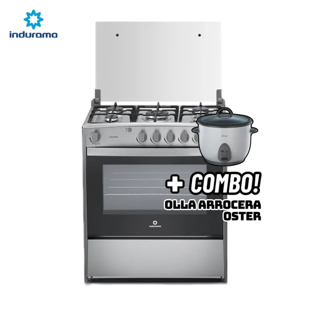 COCINA DE PIE INDURAMA A GAS 5 HORNILLAS CROMA - CANTABRIA + ARROCERA OSTER BLANCA