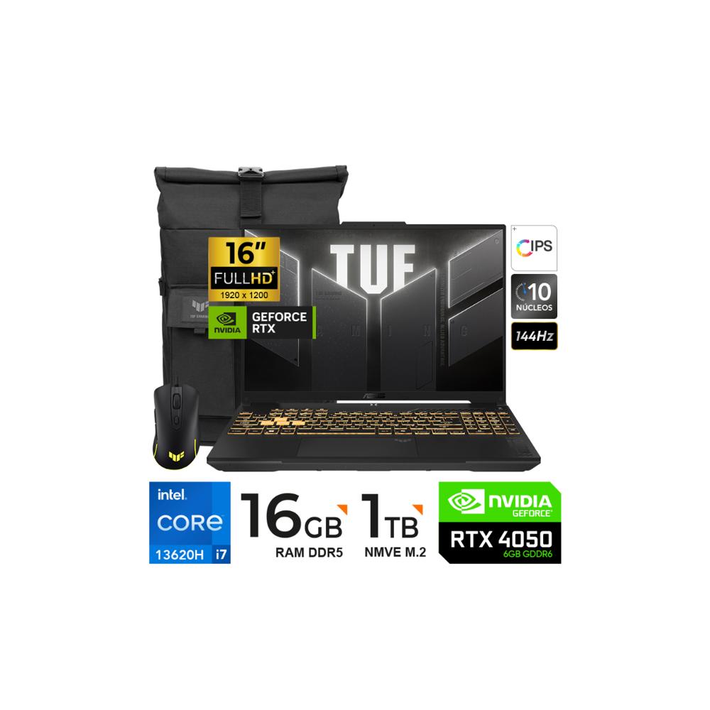 LAPTOP ASUS TUF FX607VU-RL095 CORE I7-13620H TUF 16 FHD 16GB1TB RTX4050 6GB FREEDOS MOCHILA-MOUSE